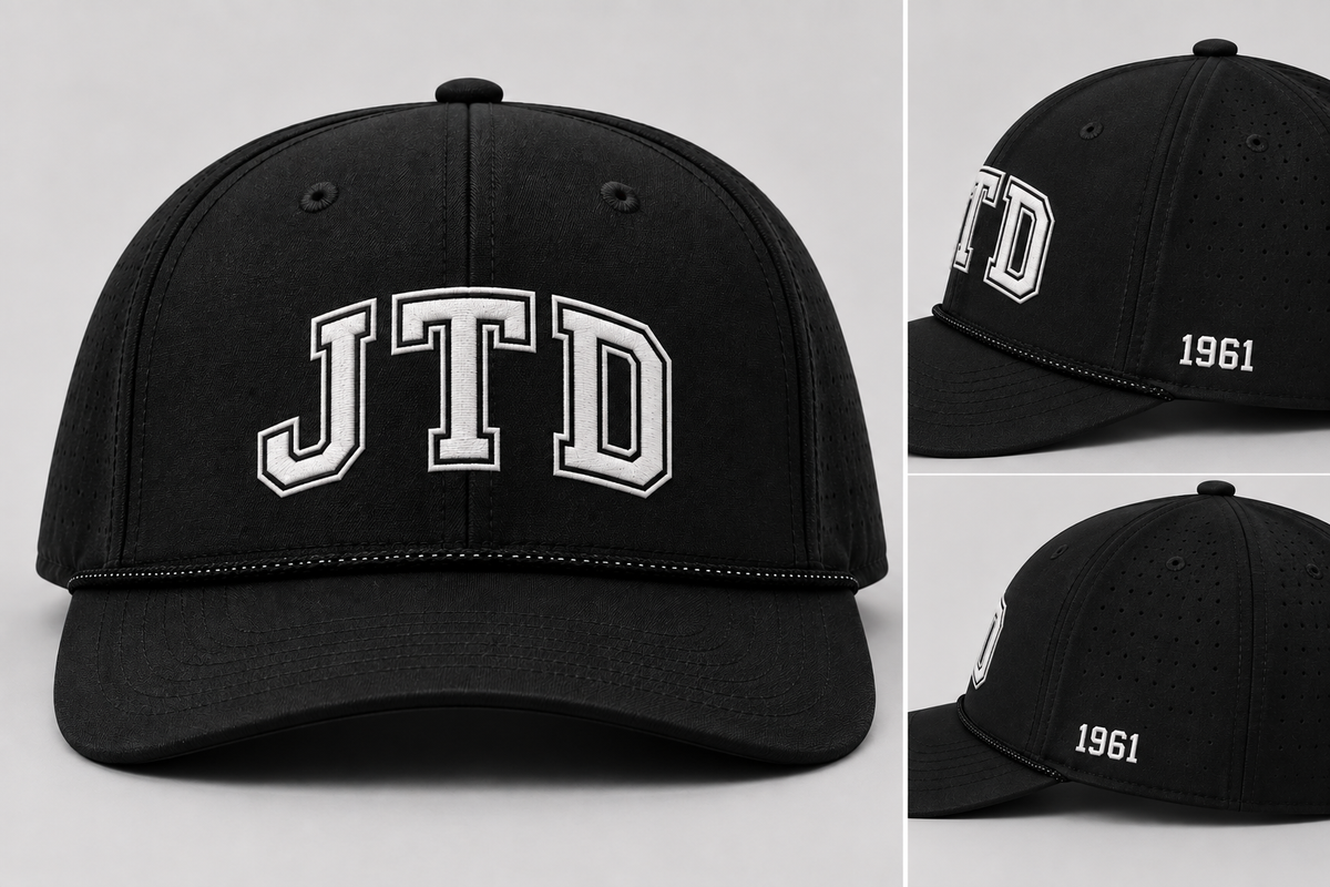JTD Rope Hat — black Richardson 355 with white JTD front embroidery and 1961 side embroidery