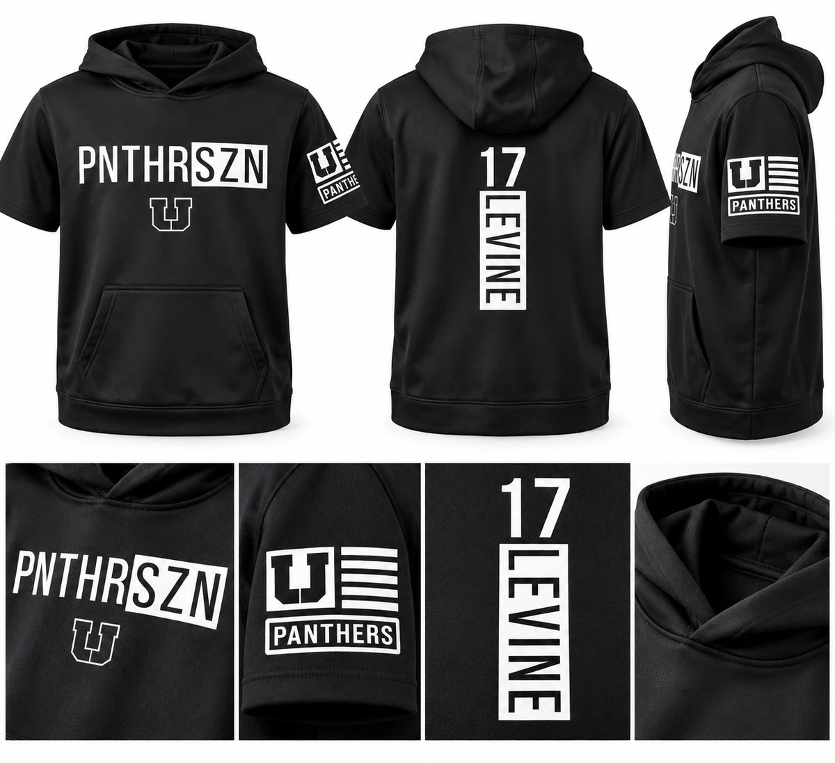 PNTHR SZN short sleeve hoodie - front, back and sleeve views