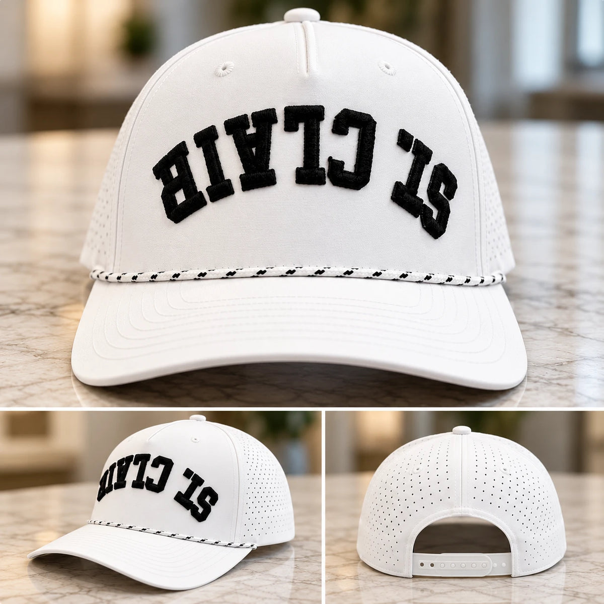 White ST. CLAIR rope hat with black puff embroidery - front, side and back views