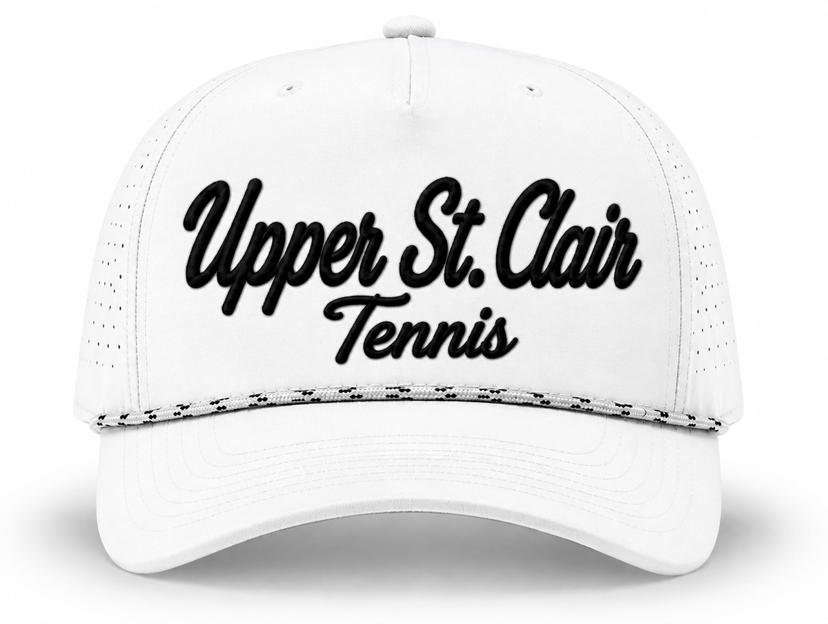 White rope hat with embroidered Upper St. Clair Tennis script
