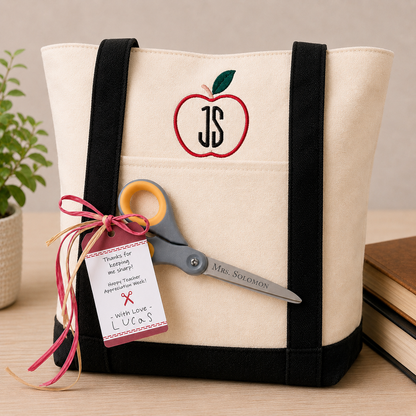 Monogrammed Teacher Zipper Tote Bag + Optional Personalized Scissors