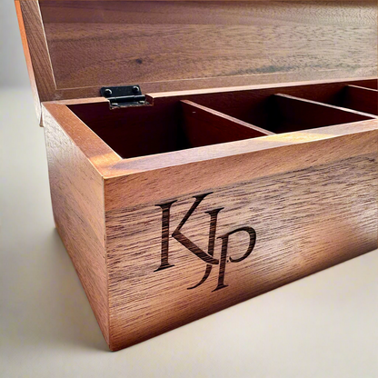 Personalized Acacia Wood Tea Box | Custom Engraved 5-Compartment Organizer