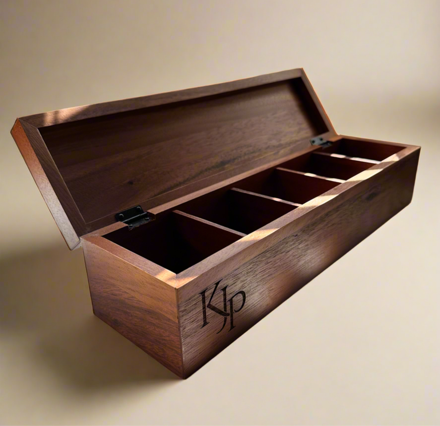 Personalized Acacia Wood Tea Box | Custom Engraved 5-Compartment Organizer