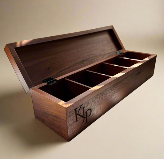 Personalized Acacia Wood Tea Box | Custom Engraved 5-Compartment Organizer