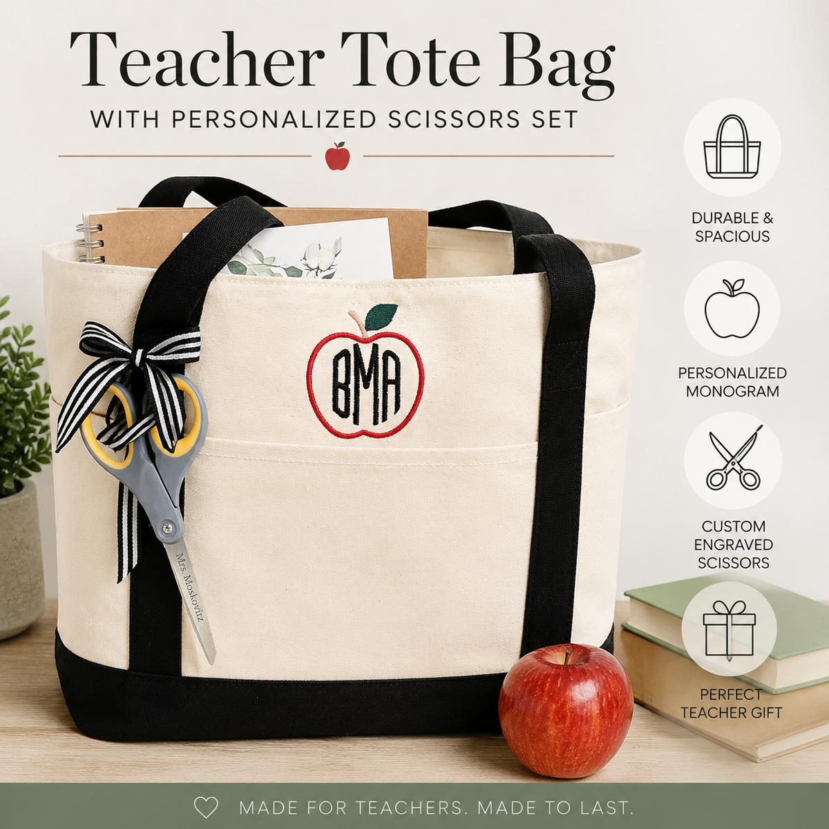 Monogrammed Teacher Zipper Tote Bag + Optional Personalized Scissors