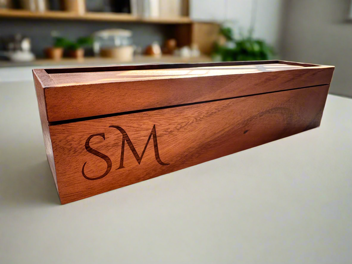 Personalized Acacia Wood Tea Box | Custom Engraved 5-Compartment Organizer