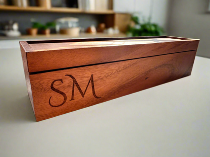 Personalized Acacia Wood Tea Box | Custom Engraved 5-Compartment Organizer