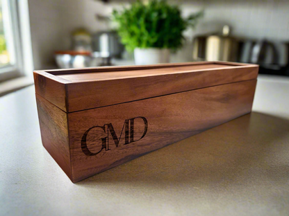 Personalized Acacia Wood Tea Box | Custom Engraved 5-Compartment Organizer