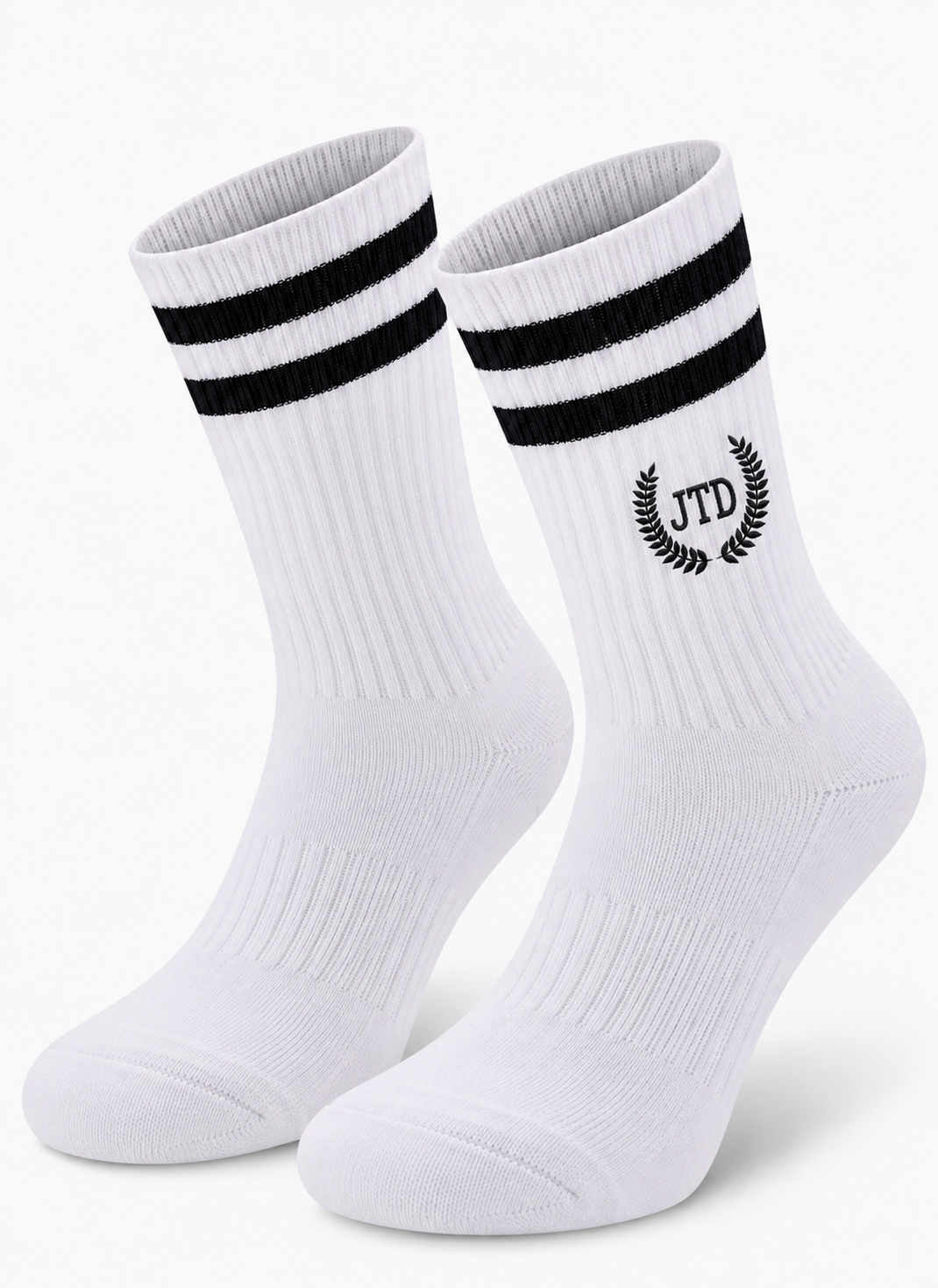 JTD Crew Socks — white striped crew socks with JTD laurel embroidery on the outer sides