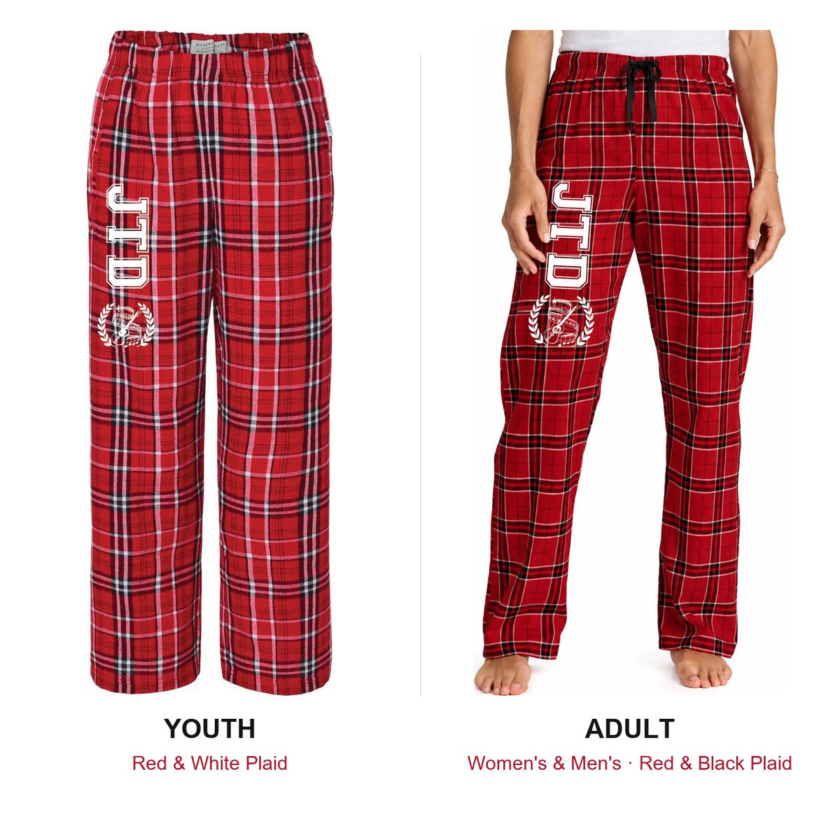 JTD plaid lounge pants side by side: youth red & white plaid vs. adult (women's & men's) red & black plaid