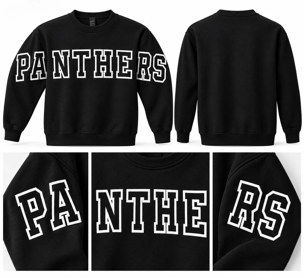 Black PANTHERS varsity crewneck - front and back views