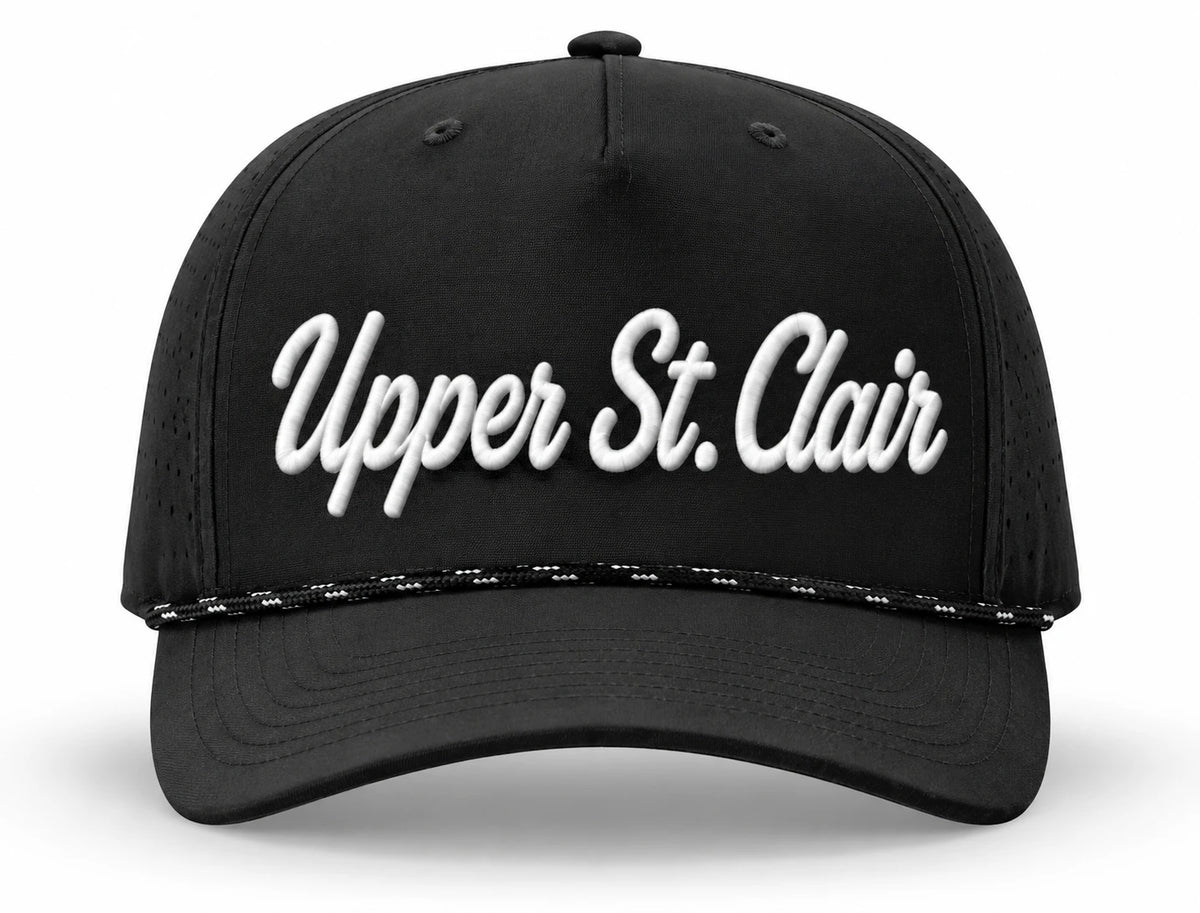 Black Upper St. Clair rope hat with white script embroidery