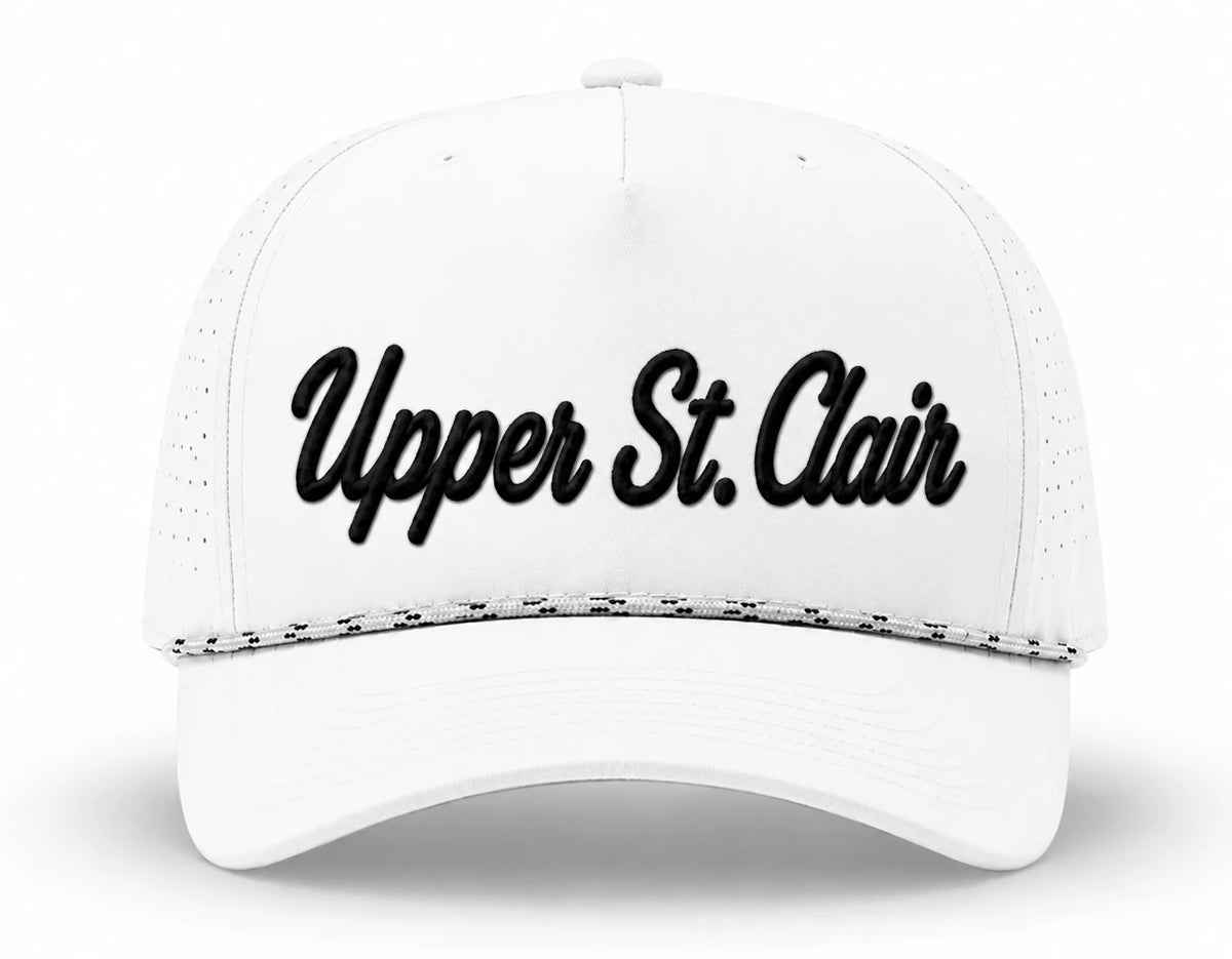 White Upper St. Clair rope hat with black script embroidery