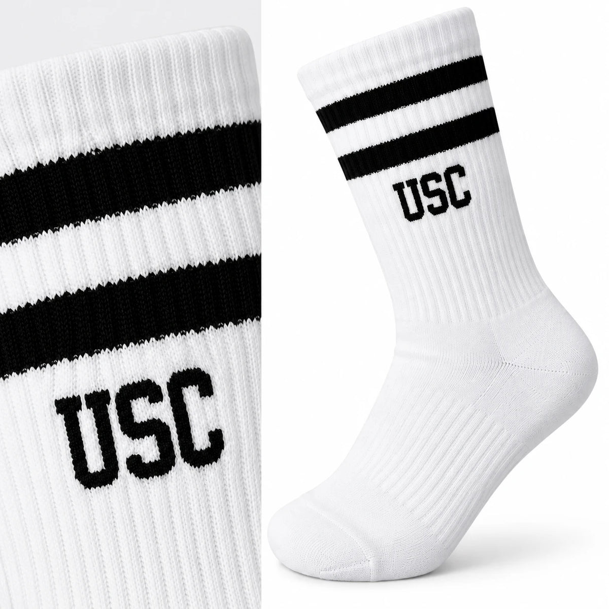 White USC embroidered crew socks with black stripes