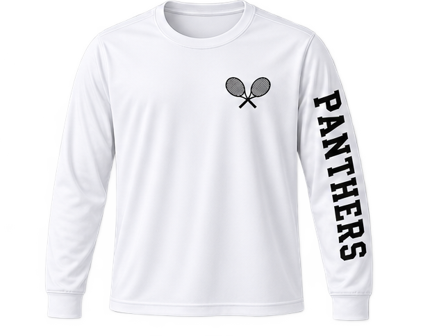 USC Tennis white long sleeve tee with crossed rackets and Panthers down the sleeve