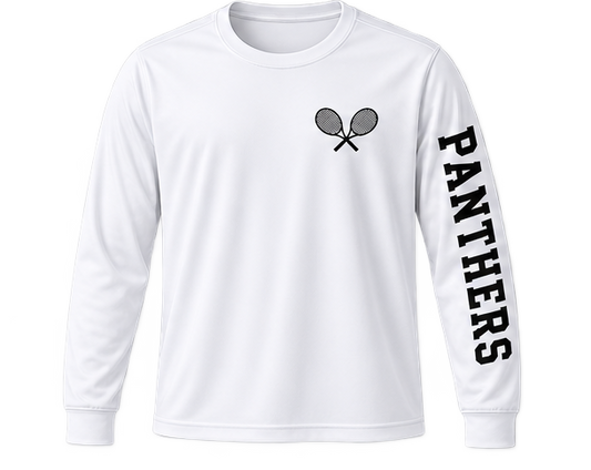 USC Tennis white long sleeve tee with crossed rackets and Panthers down the sleeve