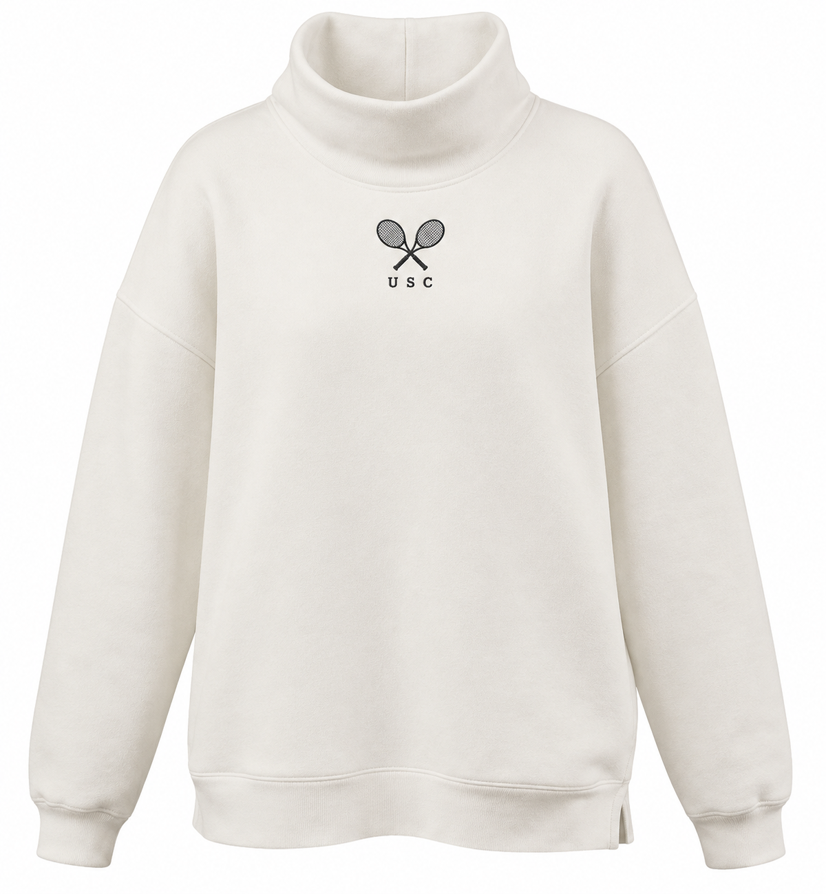 USC Tennis cream oversize mockneck with embroidered crossed rackets over USC