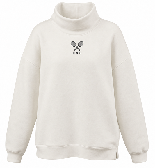 USC Tennis cream oversize mockneck with embroidered crossed rackets over USC