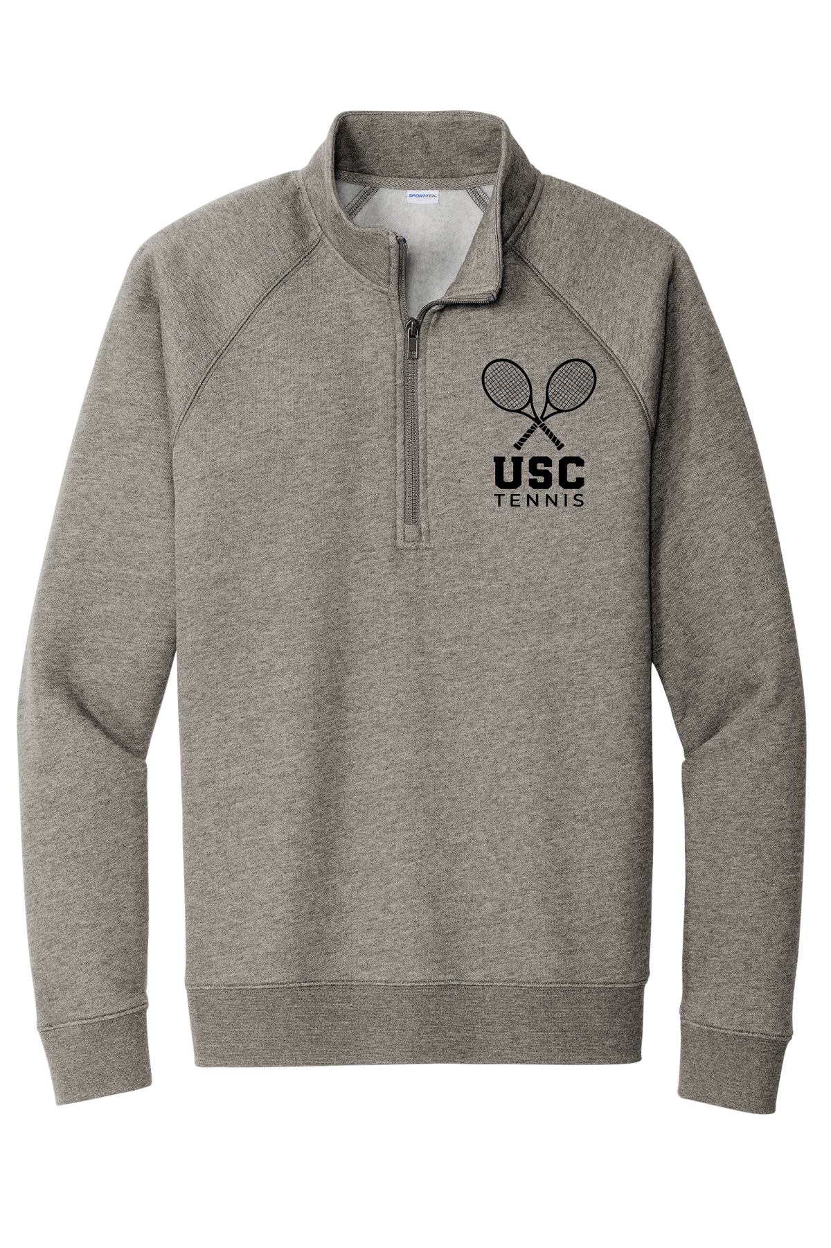 USC Tennis quarter-zip in Vintage Heather with crossed rackets and USC Tennis on the left chest
