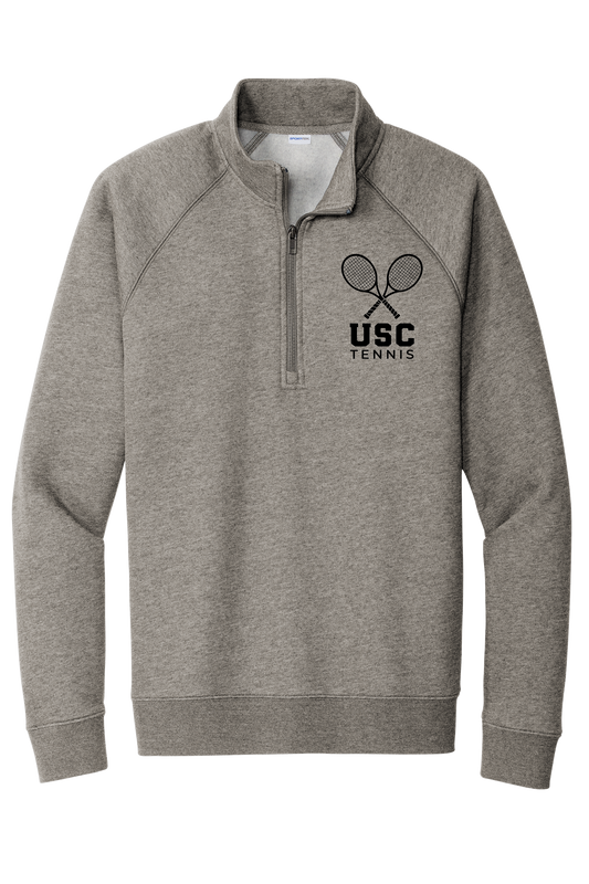 USC Tennis quarter-zip in Vintage Heather with crossed rackets and USC Tennis on the left chest