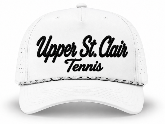 White rope hat with embroidered Upper St. Clair Tennis script