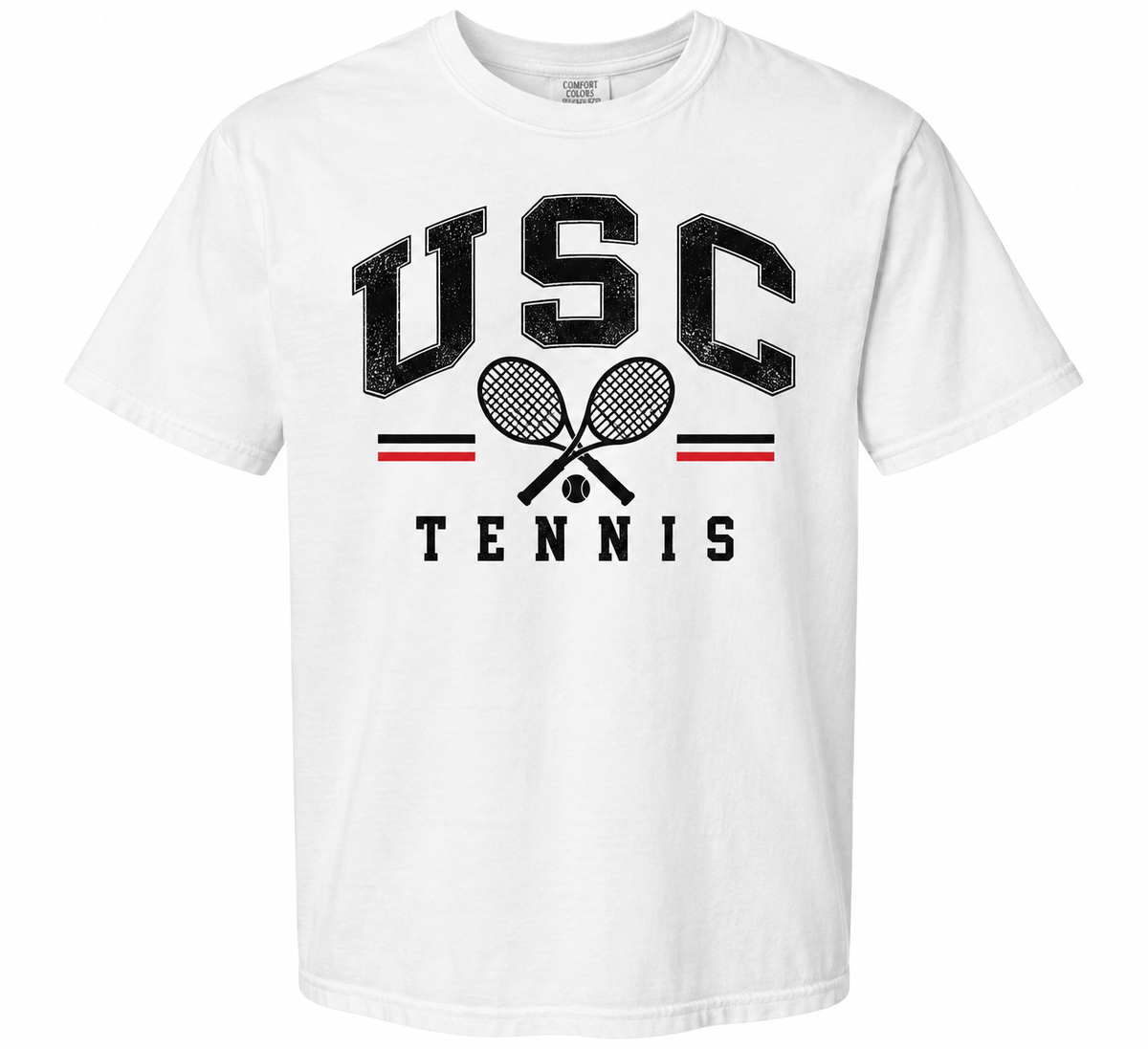 USC Tennis white heavyweight tee with vintage USC Tennis and crossed rackets