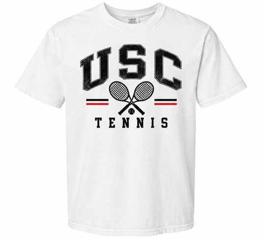 USC Tennis white heavyweight tee with vintage USC Tennis and crossed rackets